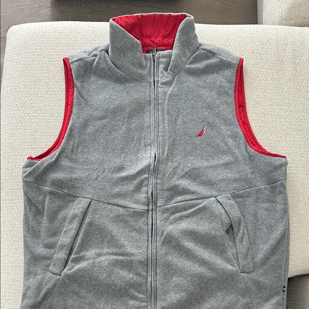 Nautica Gray Fleece Vest with Red Trim